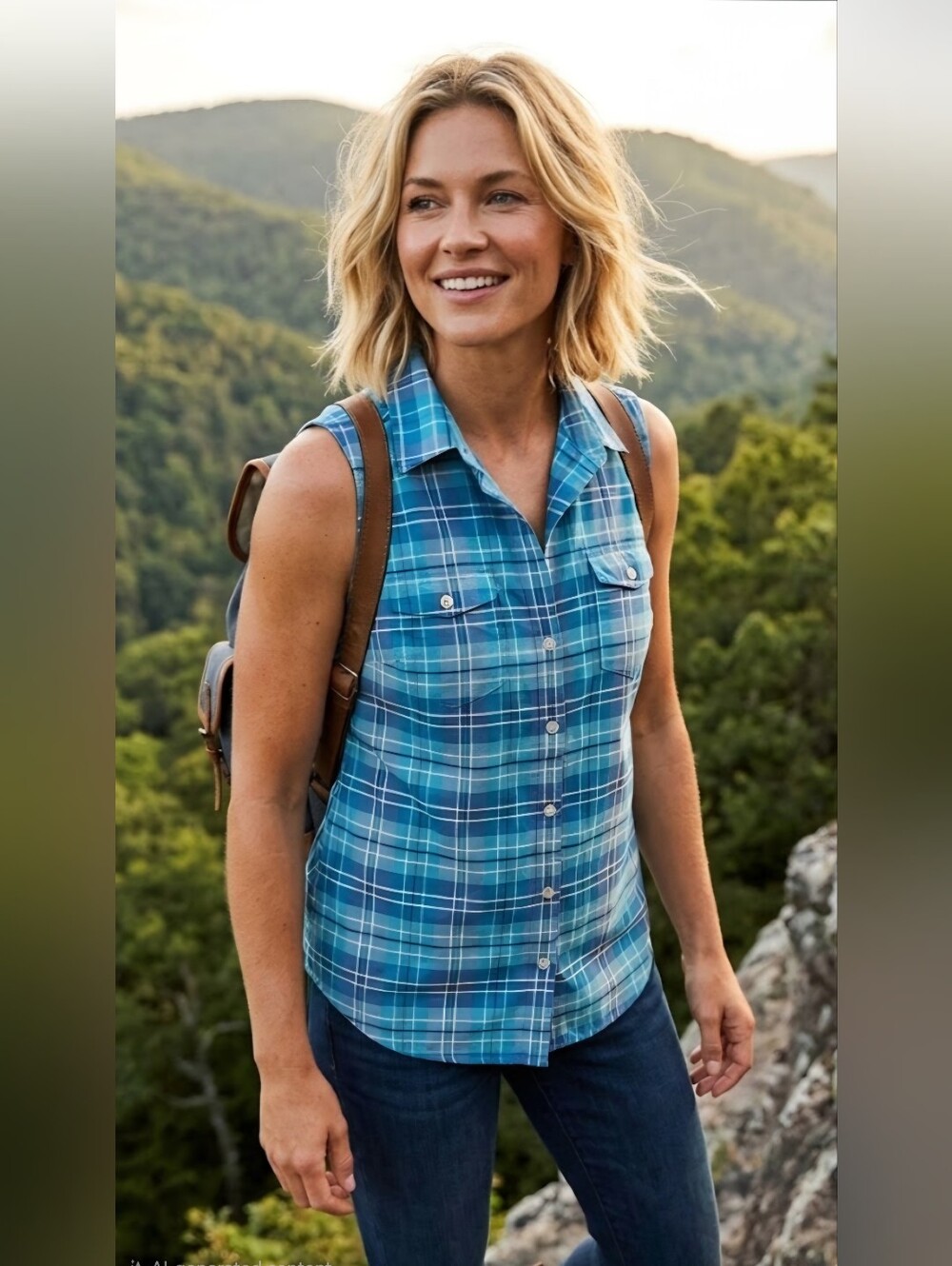 Eddie Bauer Blue Plaid Sleeveless Button-Front Shirt
